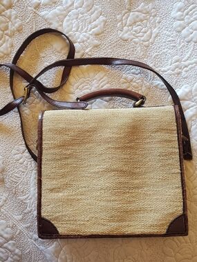 Woven Straw Crossbody Bag with Brown Leather Trim